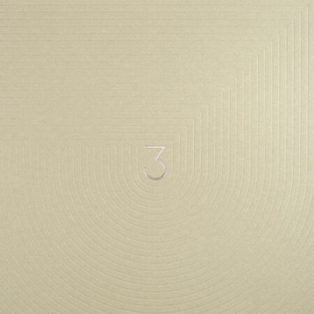 Cette photo représente un zoom de la carte de vœux de luxe modèle Circus, de la collection Intaglio 2023, sur une carte Camel, avec son motif gravé en champagne et son pattern estampé.