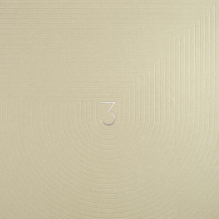 Cette photo représente un zoom de la carte de vœux de luxe modèle Circus, de la collection Intaglio 2023, sur une carte Camel, avec son motif gravé en champagne et son pattern estampé.
