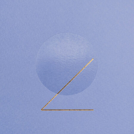 Cette photo représente un zoom de la carte de vœux modèle Coquille, de la collection Intaglio 2022, sur une carte Mauve Ceylon, avec le détail des gravures Or et Nacrées.