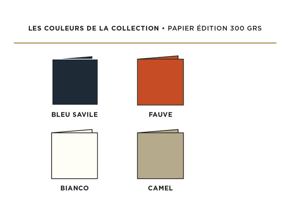 Cette image donne à voir la palette de 4 couleurs de la collection des cartes de voeux de luxe 2023 Intaglio : bleu savile, fauve, bianco et camel.