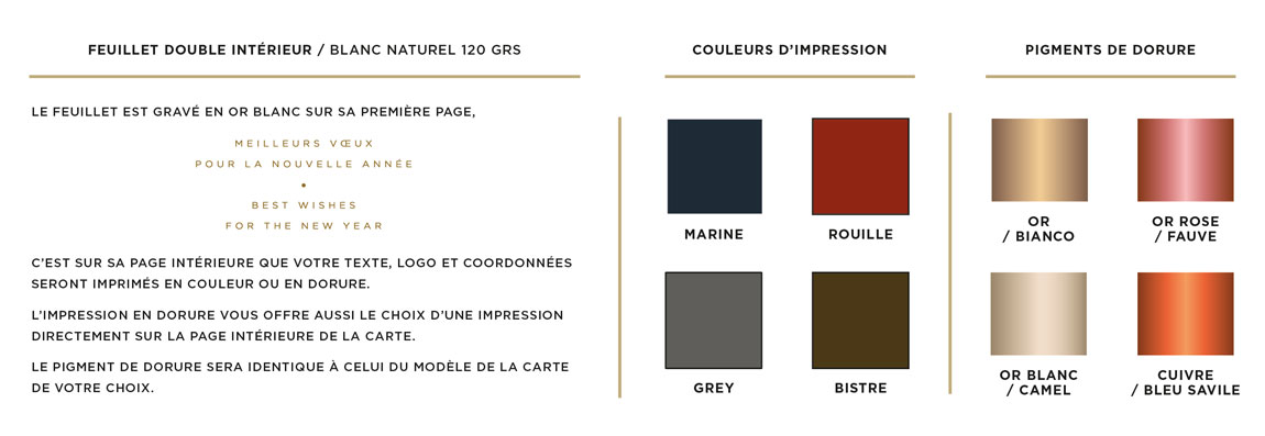 Cette image donne à voir la palette de couleurs d'impression et les différents pigments de dorure disponibles dans la collection des cartes de voeux de luxe 2023 Intaglio,.