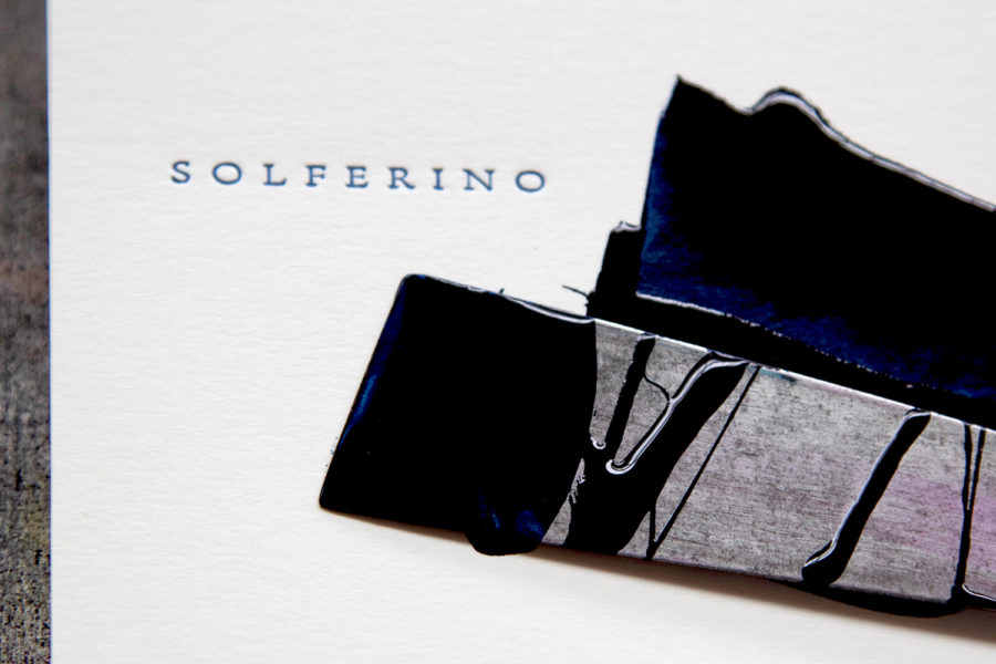 Logo imprimé en typographie letterpress bleu sur papier coton blanc pour Solférino Avocats par imprimerie Intaglio paris