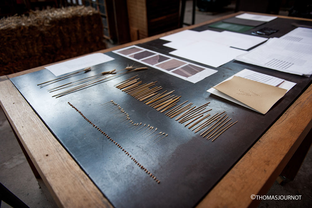 Cette photo représente une vue de l'exposition des travaux de recherche de Julie Bassinot, designer graphiste, effectués pendant sa résidence dans notre atelier.