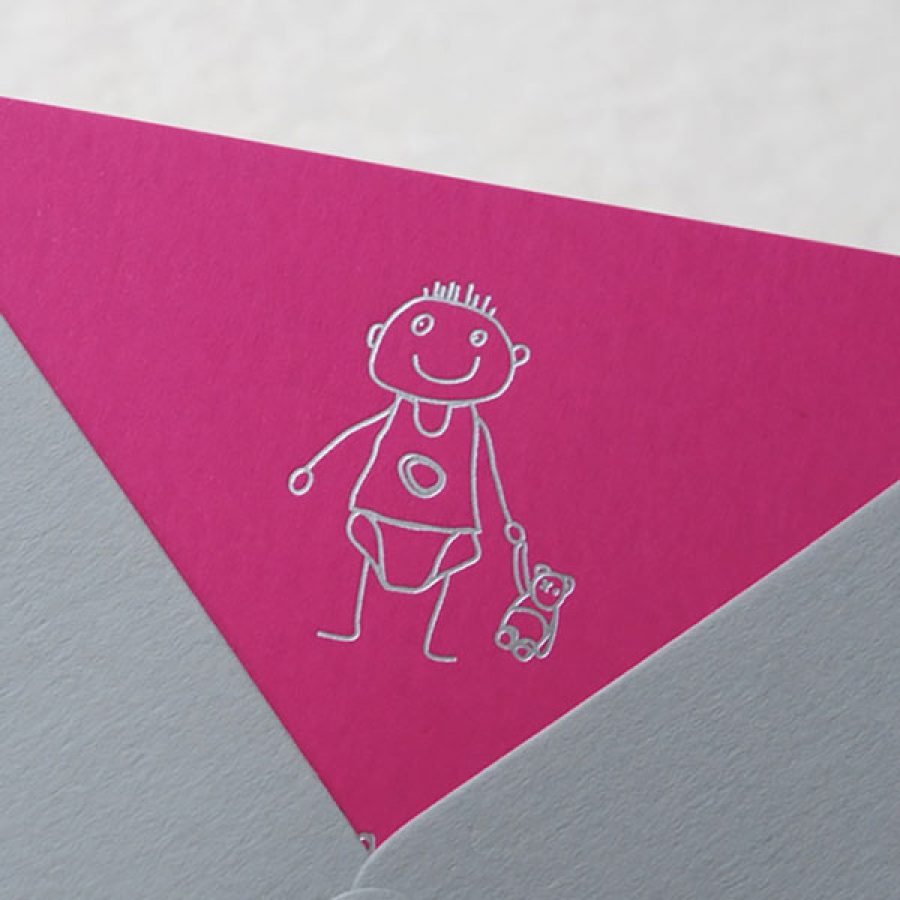 Faire-part de naissance collection Cosimo en dorure argent sur carte de couleur Pink par Intaglio-Paris